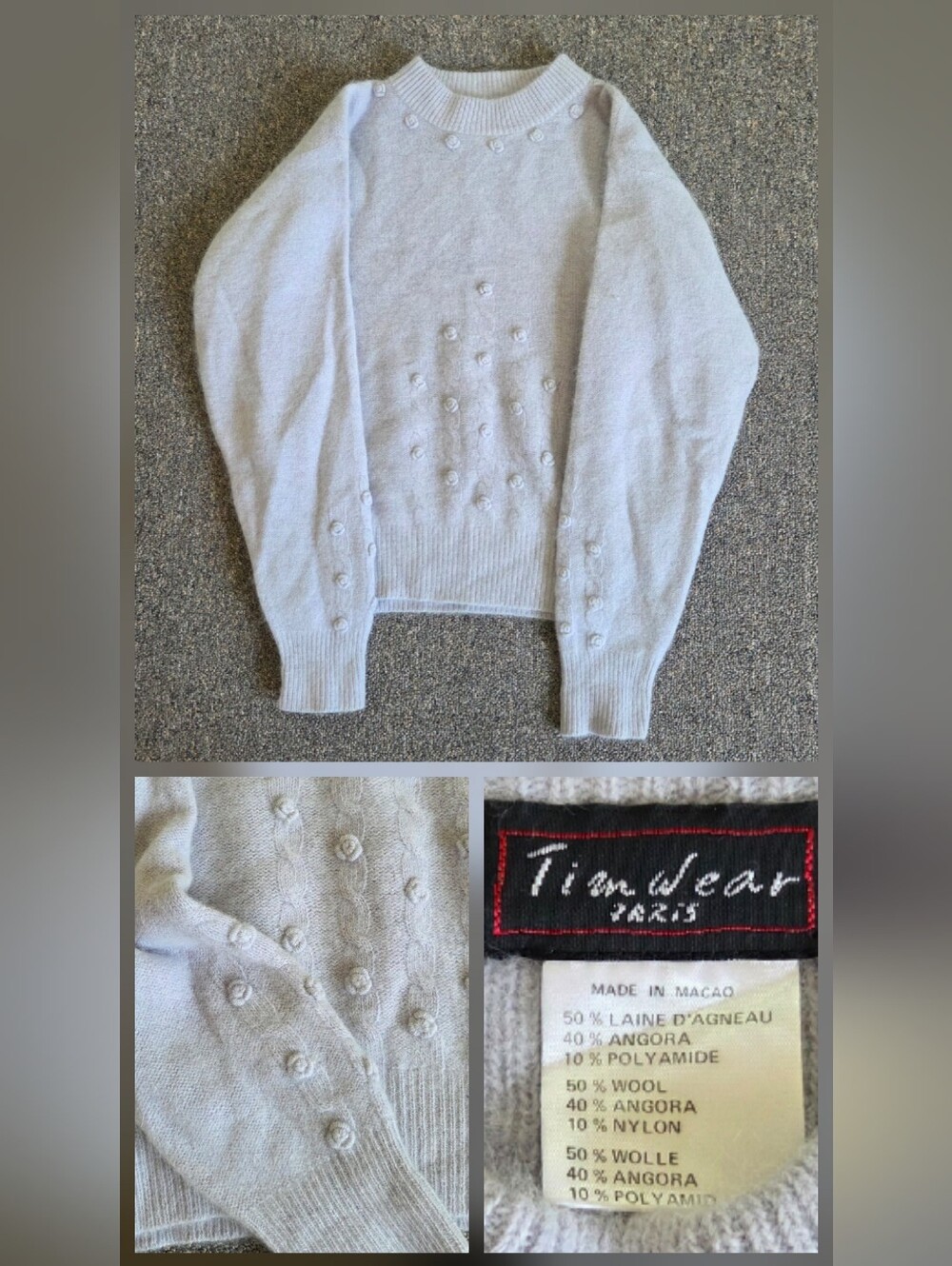Vintage Timwear Paris Angora Wool Blend Ice Blue Gray Rosette Sweater Size 3